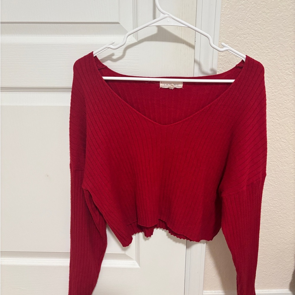 La Hearts Cherry Red Ribbed Sweater
